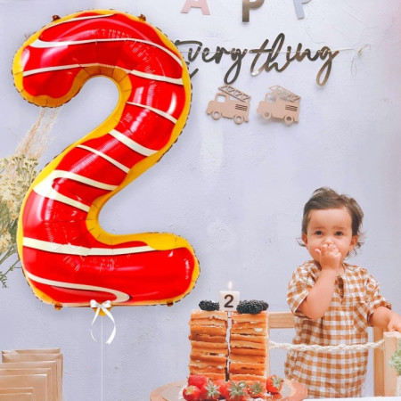 Balon din Folie Metalizata Cyrax, Figurina Cifra, Imprimeu Gogosi, Tema Aniversare 100 cm, Ambalaj Individual, Pai inclus, Umflare cu Aer sau Heliu, Multicolor, Cifra 2