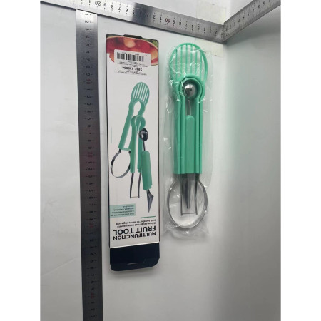 Ustensila bucatarie 4 in 1 pentru taiat si decorat fructe Cyrax, material inox si plastic, compact, 28x6.2 cm, verde