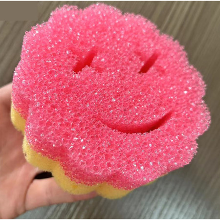 Burete de Vase, Cyrax, Rotund, din Burete PU, Model Smiley Face, Doua Fete, 10 x 4 cm, Roz/Galben