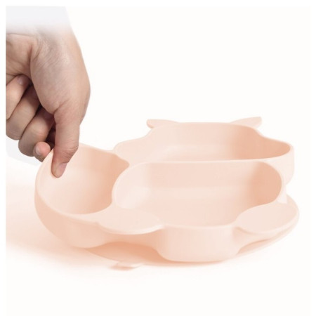 Set 10 piese diversificare bebelusi si copii din silicon Cyrax, baveta, farfurie compartimentata cu ventuza, bol cu ventuza, tacamuri din lemn si silicon, cana pentru gustari, fara alergeni, roz pal