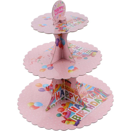 Etajera pentru Prajituri, Cyrax, din Carton, 3 Nivele, 16/22/29 cm Diametru, Inaltime 38 cm, Tema Happy Birthday, Roz