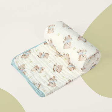 Prosop de baie din bumbac si tifon pentru Bebelusi, Cyrax, cu Sase Straturi, pentru Copii, 110x110 cm, Model Ursuleti, Bej Albastru