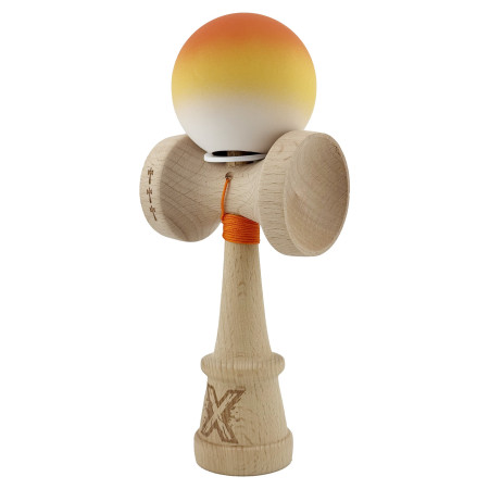 Kendama X Originala, Profesionala, Cyrax, Cupe Mari KING SIZE V3, Rubber Grip, Gaura in Baza, Rulment Metalic, din lemn 18 cm, Ata 62/65 cm, Gradient Portocaliu/Galben/Alb
