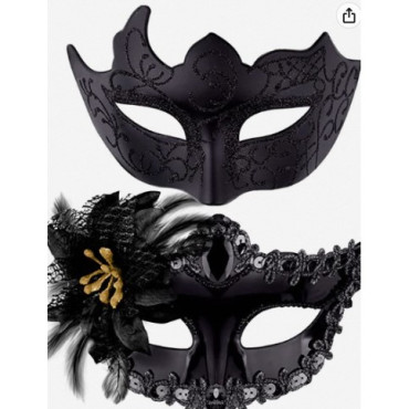 Set 2 Masti de Cuplu, Cyrax, pentru Carnaval, Bal Mascat, Marime Universala, Model Floare Laterala si Margele, Model Clasic, Negru texturat