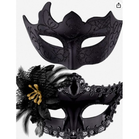 Set 2 Masti de Cuplu, Cyrax, pentru Carnaval, Bal Mascat, Marime Universala, Model Floare Laterala si Margele, Model Clasic, Negru texturat