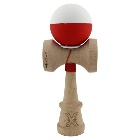 Kendama X Originala, Profesionala, Cyrax, Rubber Grip, Cupe Mari KING SIZE V3, Gaura in Baza, Rulment Metalic, din lemn 18 cm, Ata 62/65 cm, Bicolor Alb/Rosu
