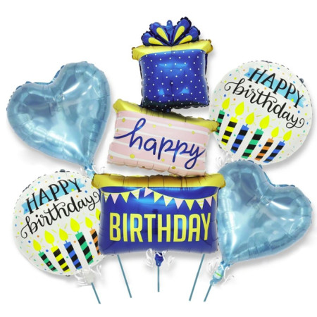 Baloane pentru aniversare, Cyrax, tematica Happy Birthday, set 5 baloane, 1 Cadouri, 2 inimi, 2 rotunde, din folie de aluminiu, pai de carton inclus, 60 x 124 cm Albastru