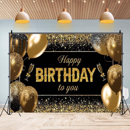 Banner Tip Fundal pentru Poze, Cyrax, din Panza, 185 x 110 cm, Sfoara 6 m, Prindere in 4 Colturi, Happy Birthday to You, Negru/Auriu