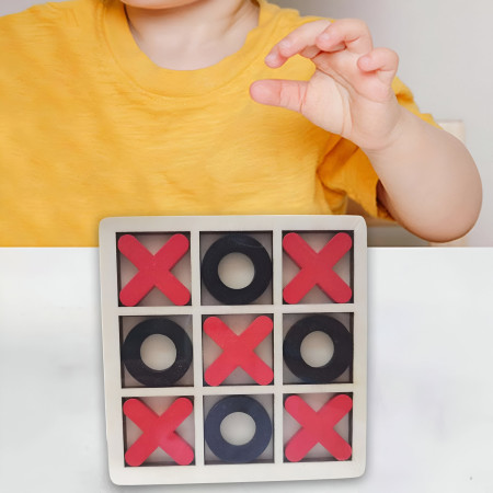 Jucarie Montessori Tic Tac Toe, Cyrax, Educativa, Interactiva, din lemn, X si O, 9 Piese, 14.3x14.3 cm, Negru Rosu