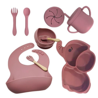 Set 10 Piese Servire Masa. Cyrax, pentru Bebelusi si Copii, din Silicon/Lemn, cu Ventuze Anti-alunecare, fara Alergeni. +6 Luni, Model Elefant, Maro