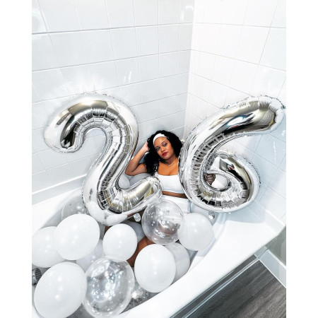 Balon din Folie Metalizata, Cyrax, Figurina Cifra, Tema Aniversare 80 cm, Ambalaj Individual, Pai inclus, Umflare cu Aer sau Heliu, Argintiu, Cifra 6