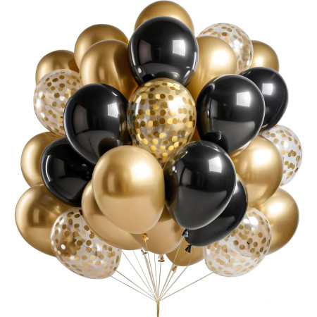 Set 16 Baloane din Latex, Cyrax, Model Party, 30 cm, Auriu, Negru, Confetti, 2.8 g