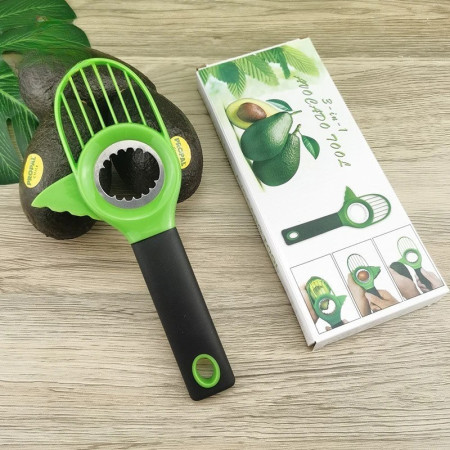 Cutit 3in1 pentru Avocado, Cyrax, Cutit, Scoatere Miez si Feliator Pulpa, din PP si Otel Inoxidabil, Negru/Verde