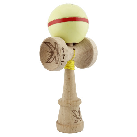 Kendama X Originala Silken, Profesionala, Cyrax, Cupe Mari KING SIZE V3, Super Sticky, Gaura in Baza, Rulment Metalic, din lemn 18 cm, Ata 62/65 cm, Cream Galben