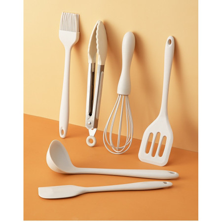 Set 6 Ustensile de Bucatarie, Cyrax, din Silicon+Inox, Termorezistente, Antiaderente, 23 x 13 x 3 cm, Alb Ivory