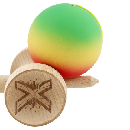 Kendama X Originala, Profesionala, Cyrax, Cupe Mari KING SIZE V3, Rubber Grip, Gaura in Baza, Rulment Metalic, din lemn 18 cm, Ata 62/65 cm, Gradient Verde/Galben/Rosu