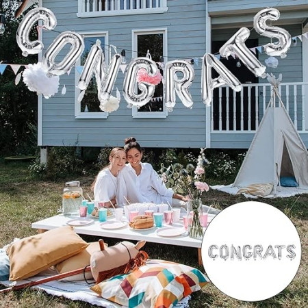 Set Baloane din Folie Metalizată, Cyrax, Model Congrats, Litere de 40 cm, Baloane Absolvire, Ambalaj Individual, Pai inclus, Umflare cu Aer sau Heliu, Argintiu