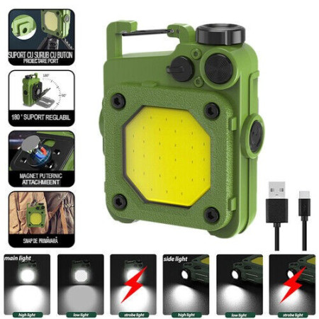 Lanterna Mini de Buzunar Tip Breloc,  Incarcare prin USB Type C, Multifunctionala, pentru Exterior, Camping, Alpinism, Ciclism, Mini Lanterna Elvis, 6.1 x 5 x 2.5 cm, Lumina Puternica, Culoare Verde