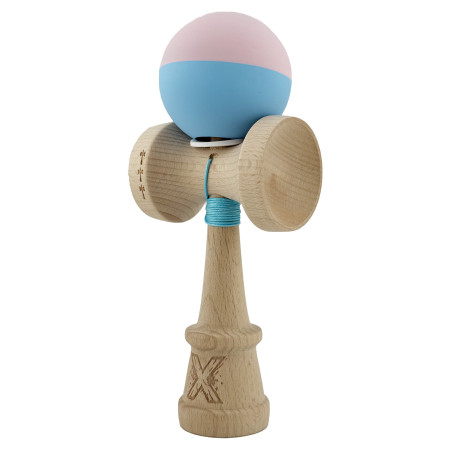 Kendama X Originala, Profesionala, Cyrax, Rubber Grip, Cupe Mari KING SIZE V3, Gaura in Baza, Rulment Metalic, din lemn 18 cm, Ata 62/65 cm, Bicolor Roz/Bleu