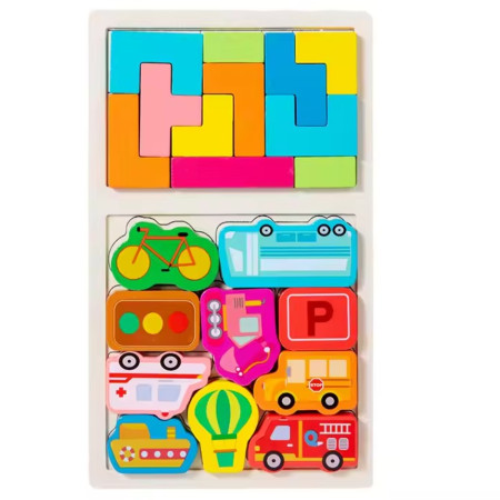 Puzzle Montessori din Lemn pentru Copii, Cyrax, Tip Tetris 2in1, +3 Ani, cu Masini Colorate 3D, Educativ, Intuitiv, Creativ, 21 de Piese, 28.5x17x1.2 cm, Multicolor