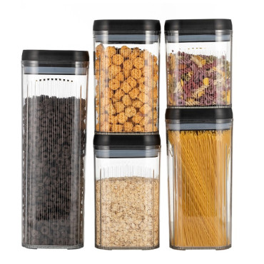 Cutii de Depozitare Alimente, Cyrax, Set din 5 Cutii de tip Container, Recipiente pentru Cereale in Bucatarie,  Transparente cu Capac Negru