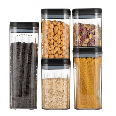 Cutii de Depozitare Alimente, Cyrax, Set din 5 Cutii de tip Container, Recipiente pentru Cereale in Bucatarie,  Transparente cu Capac Negru