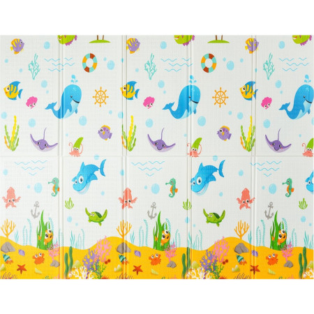 Covoras pentru Copii, Cyrax, cu 2 Fete, Model Animale Marine/Exotice, din XPE+PE, Impermeabil, Antiderapant, Protectie Termica, +3 Luni, Pliabil, 180 x 200 x 1.5 cm, Multicolor