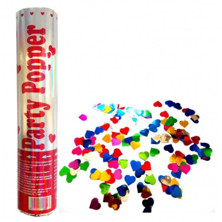 Tub de Confetii, Cyrax, Party Popper, 20x5 cm, Confetii Inimioare din Aluminiu, Multicolor