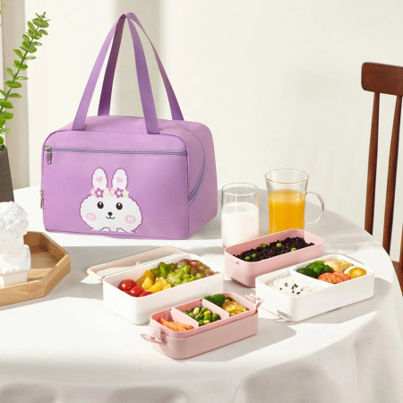 Geanta Termo-Izolanta, Cyrax, Compartimente Telefon si Tacamuri, Multifunctionala, Impermeabila, 30x21x20 cm, Design Iepuras, Mov