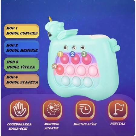 Jucarie Interactiva Tip Consola pentru Copii, Cyrax, 12 Nivele, Diferite Moduri de Joc, Material ABS/silicon, cu Nivele, Sunete si Lumini, 13.5 x 5.5 x 12.5 cm, Model Unicorn, Albastru