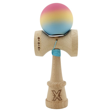 Kendama X Originala, Profesionala, Cyrax, Cupe Mari KING SIZE V3, Rubber Grip, Gaura in Baza, Rulment Metalic, din lemn 18 cm, Ata 62/65 cm, Gradient Roz/Galben/Albastru deschis