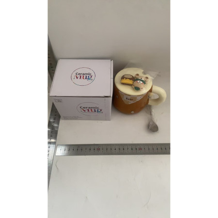 Cana din Ceramica, Cyrax, Model Urs pentru Baieti, Cana Universala, Cana pentru Ceai, Cana cu Lingura Metalica si Capac, 9.6 x 9.5 x 9.5 cm, 400 ml Maro