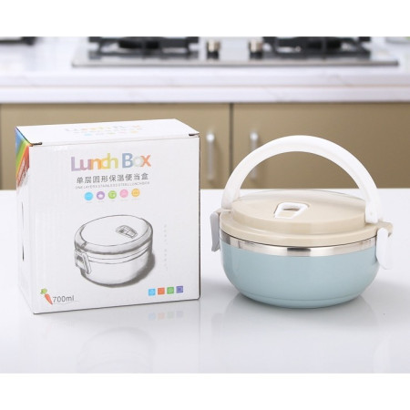 Caserola pentru alimente Cyrax, lunch box, 700 ml, otel inoxidabil, maner, valva aerisire, inchidere etansa, 15 x 8.5 cm, albastru