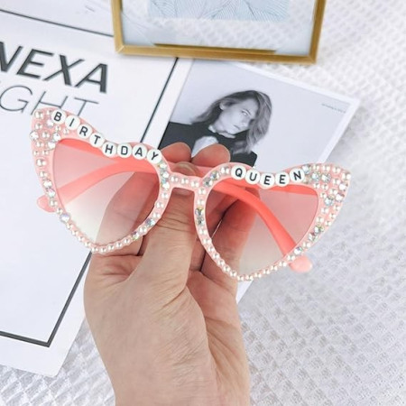 Ochelari Decorativi, Cyrax, Model Birthday Queen, cu Perle si Pietre, pentru Aniversari, din PC, 15.3 x 5.7 x 14.5 cm, Roz
