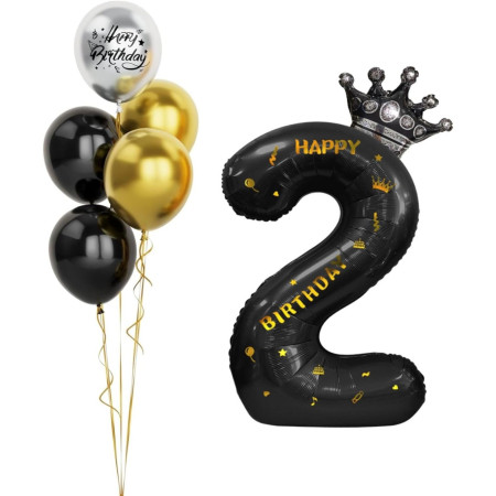 Balon din Folie Metalizata Cyrax, Figurina Cifra si Coroana, Scris Happy Birthday, Tema Aniversare 100 cm, Ambalaj Individual, Pai inclus, Umflare cu Aer sau Heliu, Negru, Cifra 2