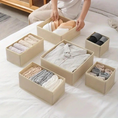 Organizator pentru Sertar,  3 Marimi, pentru Lenjerie, Tricouri, Sosete, 6 Piese, Pliabil, Stivuibil, din Tesatura, Alb