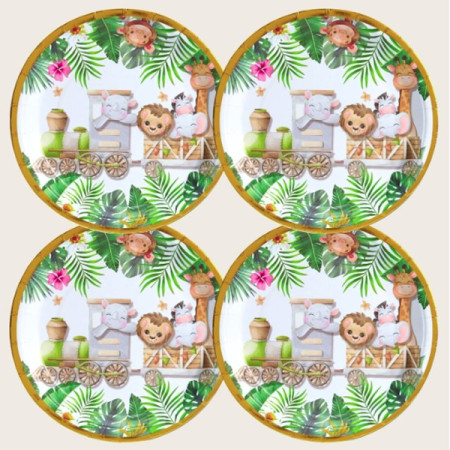 Farfurii Cartonate pentru Petreceri, Cyrax, Farfurii cartonate de unica Folosinta pentru Zile de Nastere, Model Safari cu animale, set 10 buc, Diametru 23 cm, Multicolor