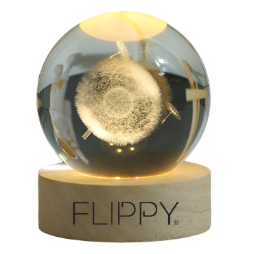 Lampa LED Decorativa,  cu Bila de Cristal cu Diametru 6cm, Model Papadie 3D, Alimentare USB, Suport din Lemn, Lumina Alb Cald