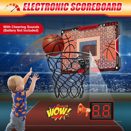 Cos de Baschet pentru Copii, Cyrax, cu Tablou de Bord Electronic, Minge, Pompa, 2 Moduri, Interior/Exterior, Inel Metalic si Rabatabil cu Arc, Luminos, 41x27.5x5 cm, Multicolor