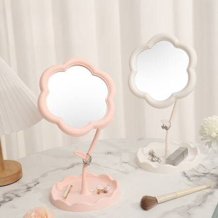 Oglindă de Machiaj pentru Birou, Cyrax, Rotativă, Detasabilă, Model de Floarea Soarelui, Suport pentru Inele, cu Depozitare, Roz