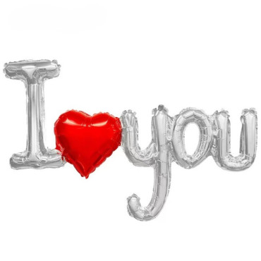 Cyrax Balon din Folie Metalizata, Figurine Litere si Inima, Model I Love You, Tema Ziua Indragostitilor, 54x97 cm, Ambalaj Individual, Pai Inclus, Umflare cu Aer sau Heliu, Argintiu/Rosu