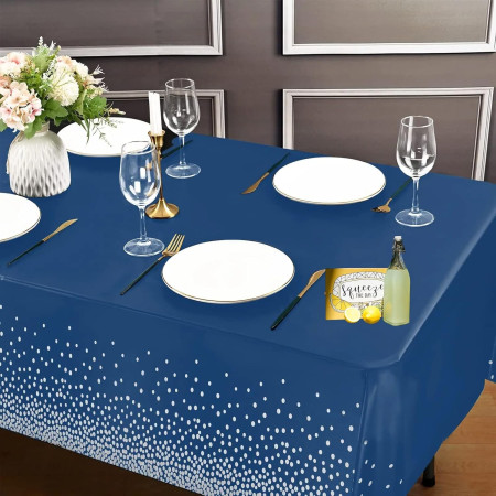 Fata de Masa, Cyrax, din PEVA, Imprimeu Buline Argintii, 137 x 274 cm, Impermeabila, Fara Pete, Curatare Rapida, Albastru Inchis