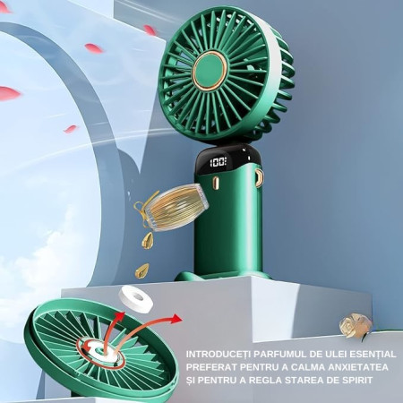 Ventilator Ultra Portabil cu Aromaterapie,  3 in 1, de Mana, de Birou, de Gat, 5 Trepte de Viteza, Incarcare USB, Autonomie 12h, Pliabil, cu Ecran LCD, Verde