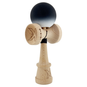 Kendama X Originala, Profesionala, Cyrax, Cupe Mari KING SIZE V3, Rubber Grip, Gaura in Baza, Rulment Metalic, din lemn 18 cm, Ata 62/65 cm, Gradient Negru/Alb