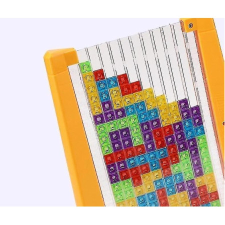 Joc de inteligenta Tetris puzzle tangram Cyrax, 70 de piese multicolore, 3D, montessori, interactiv, din plastic, zar inclus, sac depozitare piese, varsta peste 6 ani, 23 x 19.8 x 5 cm, cadru galben