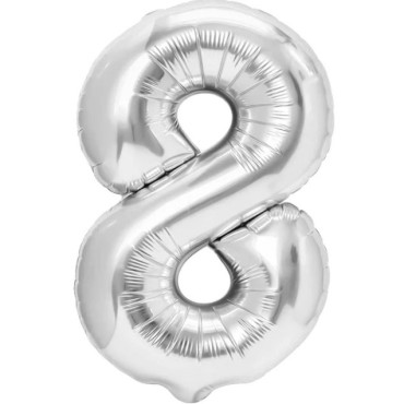 Balon din Folie Metalizata Cyrax, Figurina Cifra, Tema Aniversare 40 cm, Ambalaj Individual, Pai inclus, Umflare cu Aer sau Heliu, Argintiu, Cifra 8