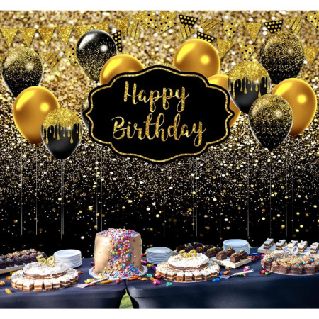 Banner Tip Fundal pentru Poze, Cyrax, din Panza, 185 x 110 cm, Sfoara 6 m, Prindere in 4 Colturi, Negru/Auriu