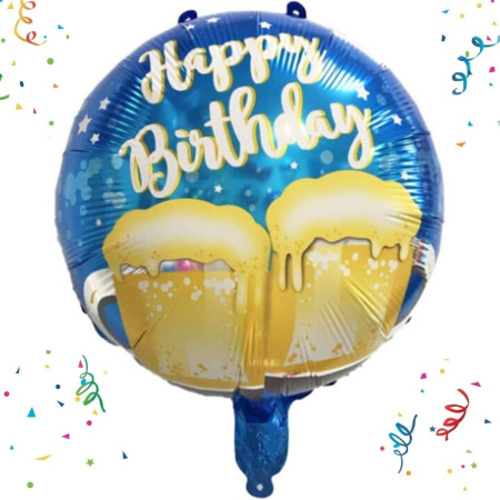 Balon din Folie Metalizata, Cyrax, Mini Figurina Rotunda, Model Halbe de Bere, Happy Birthday, Tematica Aniversare, 45 cm, Ambalaj Individual, Pai Inclus, Umflare cu Aer sau Heliu, Albastru