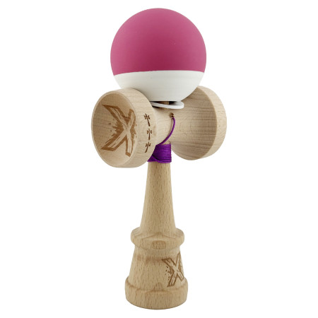 Kendama X Originala, Profesionala, Cyrax, Rubber Grip, Cupe Mari KING SIZE V3, Gaura in Baza, Rulment Metalic, din lemn 18 cm, Ata 62/65 cm, Bicolor Roz inchis/Alb