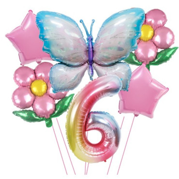 Cyrax Set baloane aniversare cu numere, din folie de aluminiu, 6 piese, 2 flori, 2 stelute, 1 fluture, 1 cifra, Multicolor, Cifra 6
